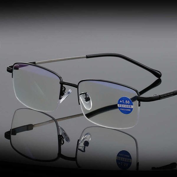 Nuovi occhiali da presbiopia anti-luce blu in metallo con memoria per uso lontano e vicino, telefono cellulare, computer, protezione per gli occhi, mezza montatura per anziani