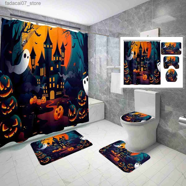 Tende da doccia 4 pezzi Set di tende da doccia di Halloween con coperchio del WC e tappetino da bagno Lanterna da notte con zucca Set di decorazioni per il bagno impermeabile Q240116