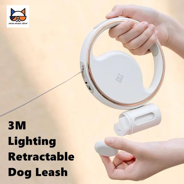 Coleira de cachorro retrátil automática com luz flash e corda de nylon de lixo alça antiderrapante ajustável estilo redondo animal de estimação 240115