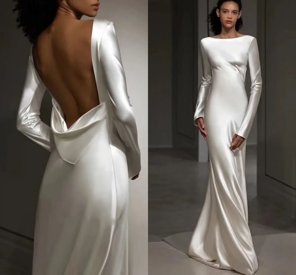Mais novo vestido de casamento 2024 bainha para noiva cetim de seda mangas completas com costas longas abertas feito sob encomenda vestido formal de noiva vestidos de noivas