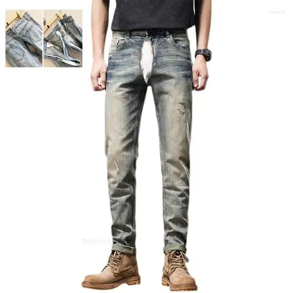 Jeans da uomo Pantaloni retrò invisibili indossati con sedile aperto Sesso all'aperto Comodi pantaloni in denim alla moda slim fit strappati