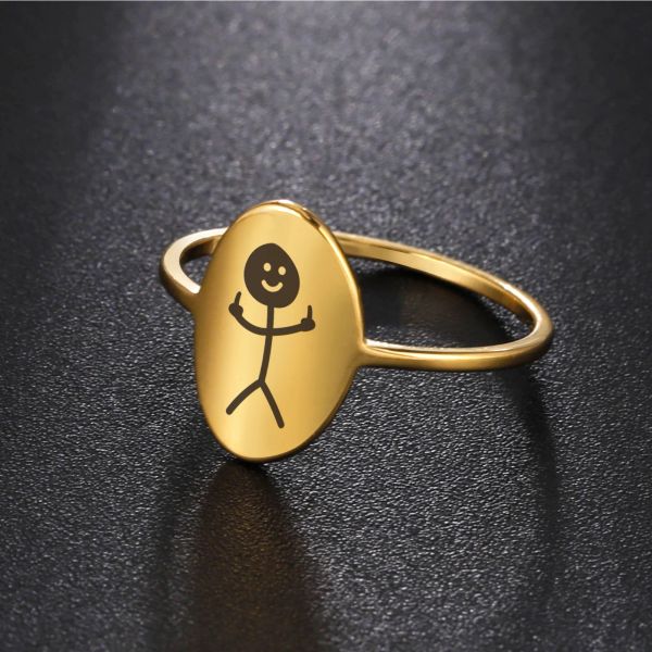 Divertente Fxck You Doodle 14k Anello in oro giallo per uomo Donna Hip Hop Dito medio Stickman Anello punk Cool Stuff Coppia regalo per feste Nuovo