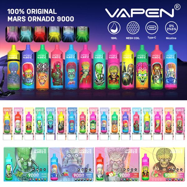 Puff 9k Vapen Mars Tornado 9000 Puff Vape Disponível Cigaretos E Pufos 9000 18ml Preenchido 600mAh Recarregável Bobina Bobina Bobina Bobina RGB VAPE LUZ