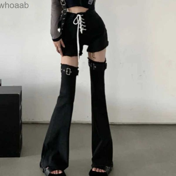 Jeans femininos nova primavera mulheres japonesas moda preta sexy cintura alta harajuku punk y2k menina quente streetwear bandagem conjunto de duas peças shorts yq240116