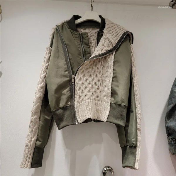 Giacche da donna Primavera coreana lavorata a maglia patchwork colore a contrasto giacca corta da baseball donna casual bavero manica lunga cappotto femminile verde militare