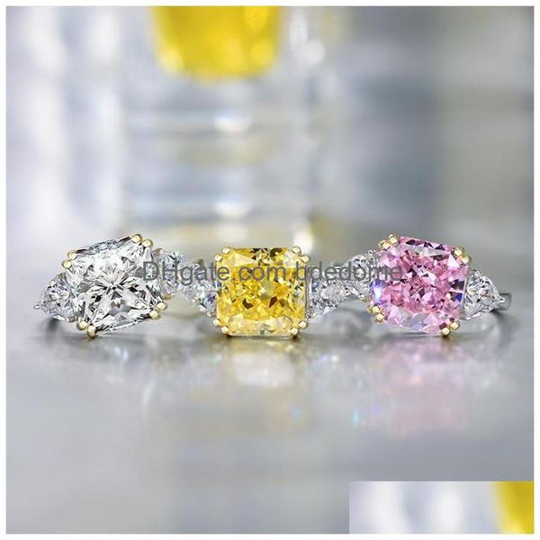 Fedi nuziali Choucong Anelli nuziali da cocktail unici Gioielli di lusso 925 Sterling Sier Taglio radiante Topazio rosa Moissanite Diamante Gemma Dh9Wu