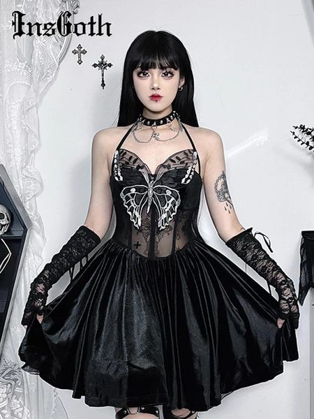 Lässige Kleider InsGothic Gothic Neckholder Schmetterling Blumenspitze Cocktailpartykleid Frauen Grunge Samt ärmellos trägerlos rückenfrei A-Linie