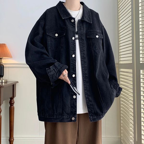 Artı Boyut 5xlm Siyah Denim Ceket Erkekleri Dönüş Yaka Kot Palto Çiftokoklar Tulum Sokak Giyim Gevşek Erkekler Giyim 240115