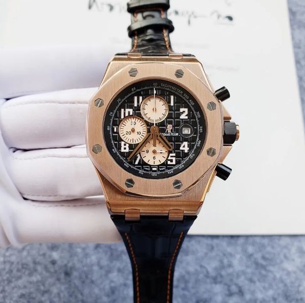 Hochwertige Top-Marke Audexxx Pigxxx Oak Offshore-Serie Herrenuhr, Lederarmband, Saphirspiegel, multifunktionaler Chronograph, VK-Quarzwerk, Herrenuhr