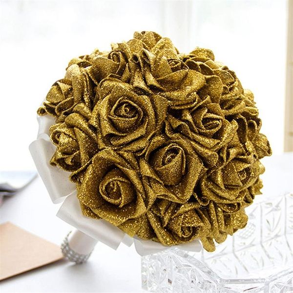 Bouquet da sposa in oro con fiori fatti a mano con paillettes Rosa rossa Forniture per matrimoni Sposa con spilla Bouquet CPA15862175