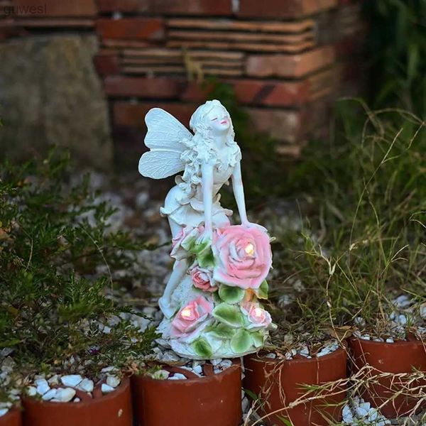 Lâmpadas de gramado decoração estatueta luz solar resina romana anjo fada jardim estátua artesanato escultura flor fada noite luz gramado yq240116