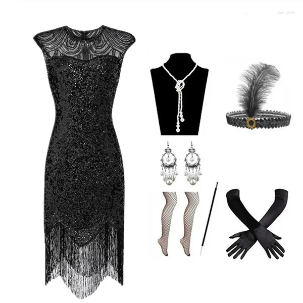 Freizeitkleider Damen 1920er Jahre Vintage Flapper Gatsby Kleid Sommer ärmellose Partykostüme V-Ausschnitt Pailletten Fransen Quaste Abend Midi