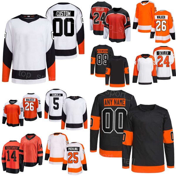 Frau Jugend Mann Hockey 89 Cam Atkinson Trikot 14 Sean Couturier 10 Bobby Brink 26 Sean Walker 5 Egor Zamula 25 Ryan Poehling 24 Nick Seeler Cam York Orange Schwarz Weiß