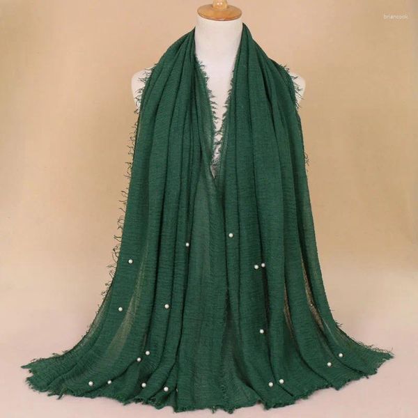 Lenços de algodão e linho enrugado único cor lenço feminino sólido de alta qualidade borda de pele fio acessórios de pérola longo