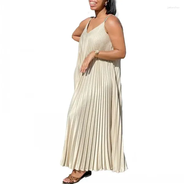 Vestidos casuais solto com decote em v suspender vestido plissado feminino primavera verão férias longo vestido maxi robe femme férias wear