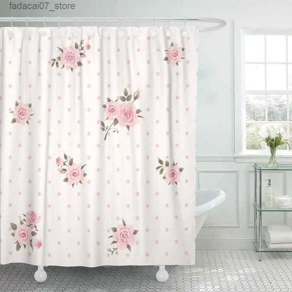 Cortinas de chuveiro Girlish Floral Polka Dot Shabby Chic Estilo Padrão com Rosas Rosa Delicadas Cortinas de Chuveiro de Casamento Tecido de Poliéster Impermeável Q240116