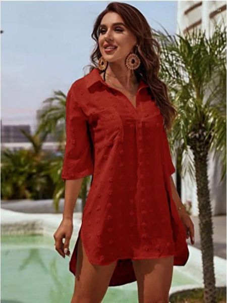 Roupa de banho feminina primavera verão sólido camisas longas para mulheres moda jacquard 3/4 manga solta casual chiffon blusa topo férias cobrir