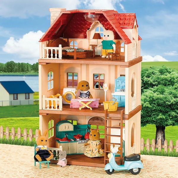 Simulação cozinha floresta família pequena casa dupla três história villa rena modelo animal menina casa de bonecas móveis brinquedo presentes 240115