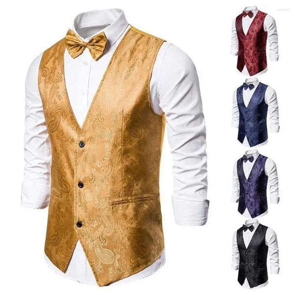 Coletes masculinos Botão Fechamento Terno Colete Impresso Single-breasted V-Pescoço Com Gravata Borboleta Slim Fit Double Breasted Vestido Para Homens