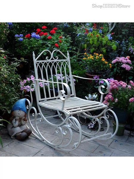 Mobili da campeggio in ferro battuto, casa vintage, balcone, sedia a dondolo, giardino, lettino pigro, pastorale, interni ed esterni, per il tempo libero, singolo