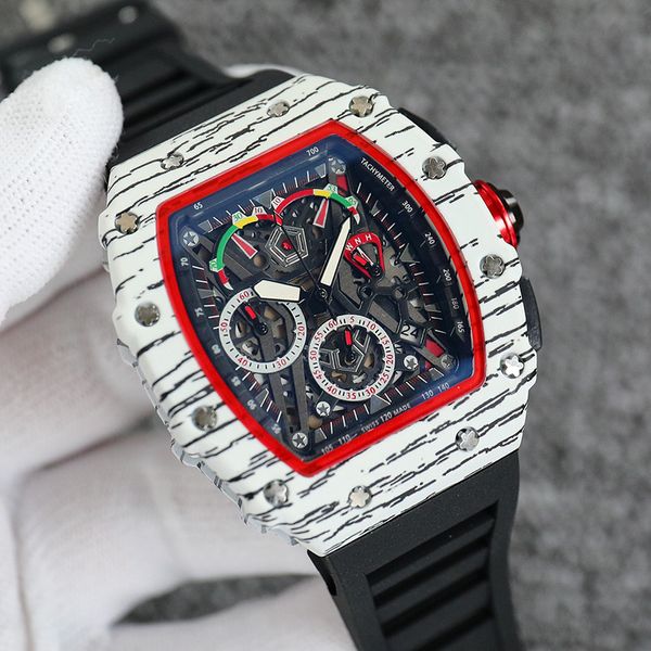 Orologi da uomo 44mm commerciale Quadrante bianco e nero Struttura meccanica Lettere in rilievo Cinturino in caucciù Orologi moda Orologio da polso Regalo buono bello