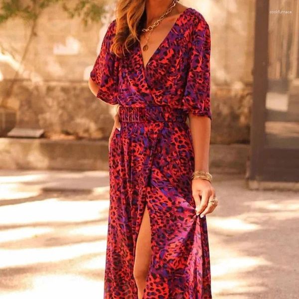 Vestidos de festa Wywmy Sexy V-Neck Manga Curta Boho Beach Dress Casual A-Line Long Sundress Robe Floral Imprimir Padrão Mulheres Vestidos de Verão