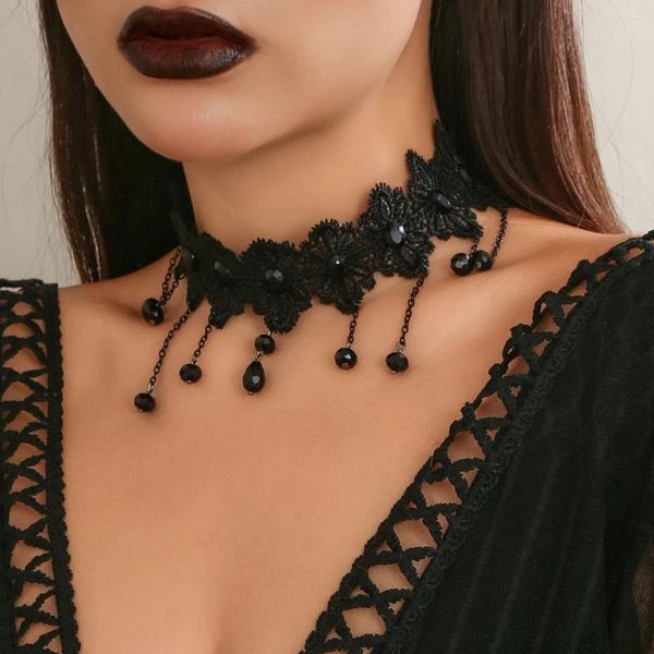 Anhänger Halsketten IngeSight.Z Gothic Hohle Schwarze Spitze Blume Kristall Quaste Halskette Für Frauen Sexy Kragen Schlüsselbein Kette Hallow Schmuck