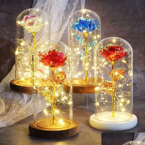 Sevgililer Hediyesi Güzellik Ebedi Gül LED Işık ve Canavar Cam Dome Sevgililer Günü için Doğum Günü Bırak Teslimat Dhzcu