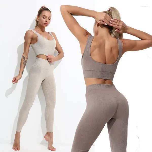 Set attivi 2/3 pezzi Set da yoga per donna senza cuciture Tuta sportiva Abbigliamento da palestra Leggings fitness Abbigliamento sportivo Abbigliamento a maniche lunghe Allenamento