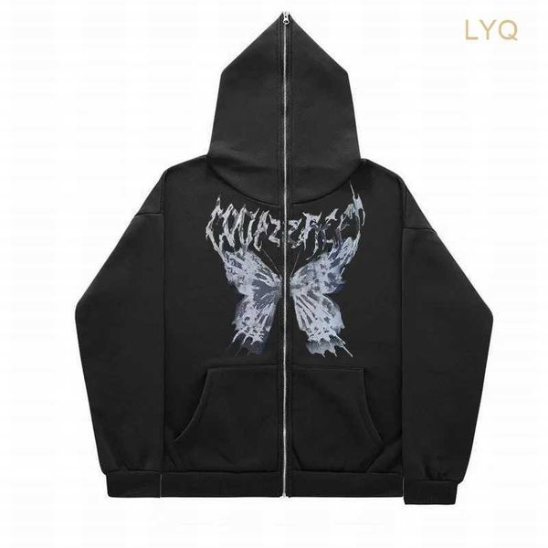 Sweatshirts Butterfly Y2K Full Face Zipper Vintage Herren Hoodies Sweatshirt Damen Übergroßes Innenfleece Harajuk High Street Streetwear