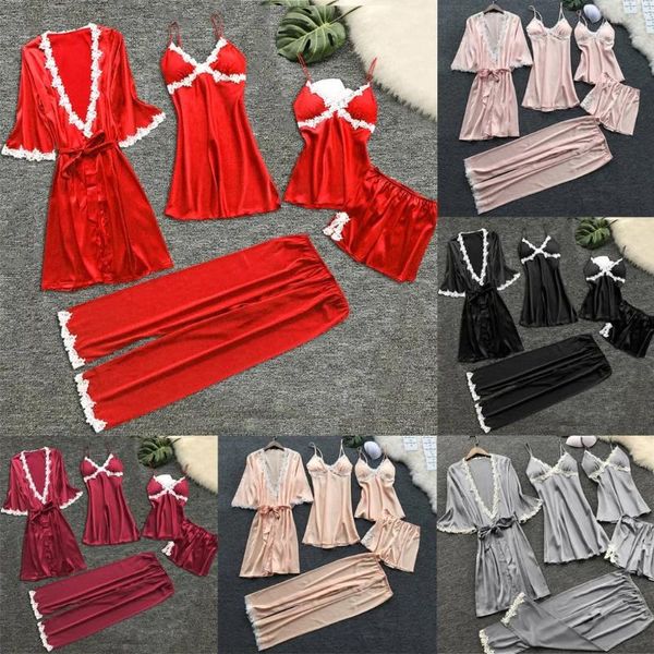 Brincos do parafuso prisioneiro 5pc cetim robe terno para mulher lingerie sexy vestido de renda pijamas elegante conjunto saia cor sólida pijamas mujer