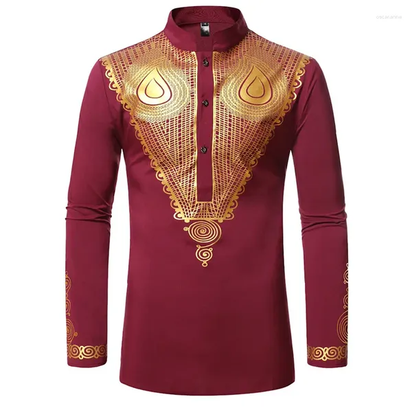 Etnik Giyim Şarabı Kırmızı Afrika Dashiki Baskı Gömlek Erkekler 2024 Metalik Hip Hop Sokak Giysileri XXL