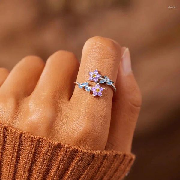 Anéis de cluster requintado flor folha para mulheres bonito romântico zircão jóias moda europeu americano 925 anel de prata menina presente kofsac