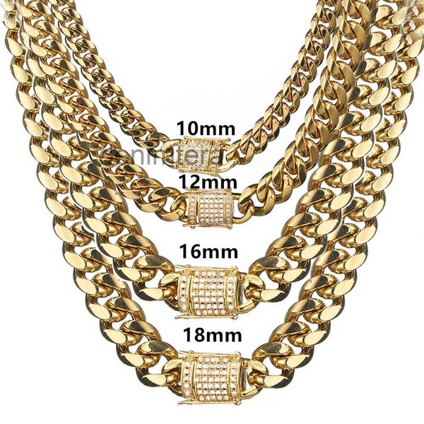 6–18 mm breite kubanische Miami-Ketten aus Edelstahl, Halsketten, CZ-Zirkon, Box-Lock, große schwere Goldkette, Hiphop-Schmuck ZQSI