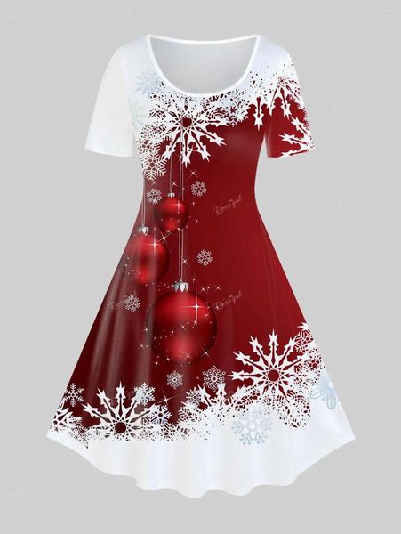 Abiti da festa ROSEGAL Plus Size 3D Natale Fiocco di neve Palla Stampa Donna Grafica vintage Maniche corte Al ginocchio S-5XL