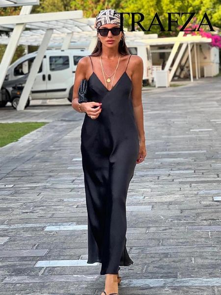 Abiti casual TRAFZA Moda Donna Party Evening Slip Prom Dress Donna Raso Lungo Sexy Senza maniche Backless Scollo a V Sling Midi