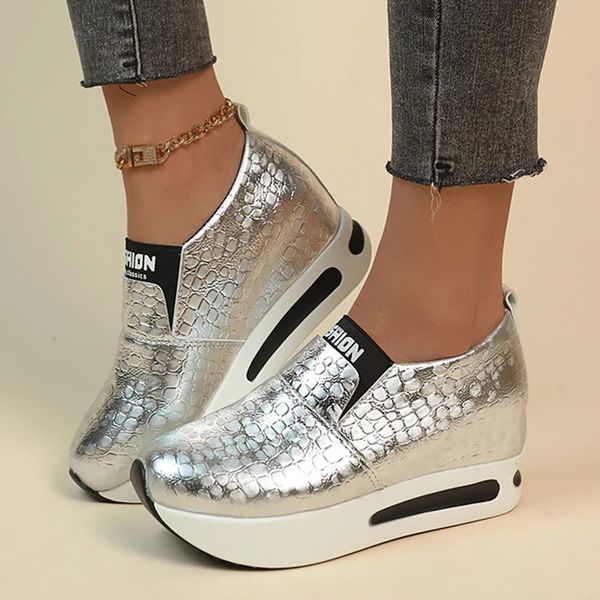 Silver Pu Deri Platform Spor Sneaker Sıradan Kalın Kalın Sole Spor Ayakkabıları Kadın Artı Slipon Loafers Zapatos Mujer 240115