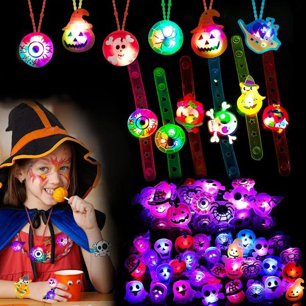 Favores de festa de Halloween para crianças LED Light Up Anel Colares Pulseiras Broche Brilho no Escuro Brinquedos Halloween Goodie Bag Fillers 240116