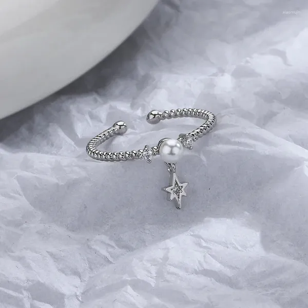 Anéis de cluster Kofsac doce pérola anel para mulheres elegante charme 925 jóias de prata esterlina tamanho aberto fino zircão estrela bonito presente de menina
