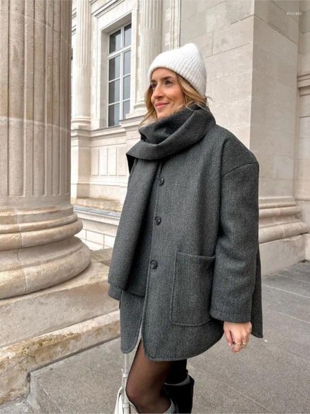 Jaquetas femininas misturas de lã sólida bomber com cachecol solto singel breasted casacos outono inverno férias quente manga longa