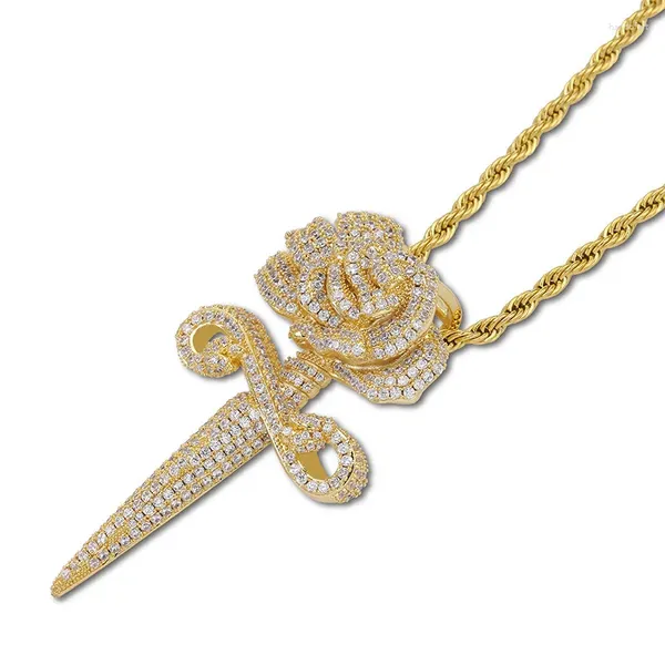 Anhänger Halsketten Kubikzirkonia Gepflastert Iced Out Bling Solide Rose Blume Dolch Anhänger Halskette Männer Hip Hop Rapper Schmuck Gold silber