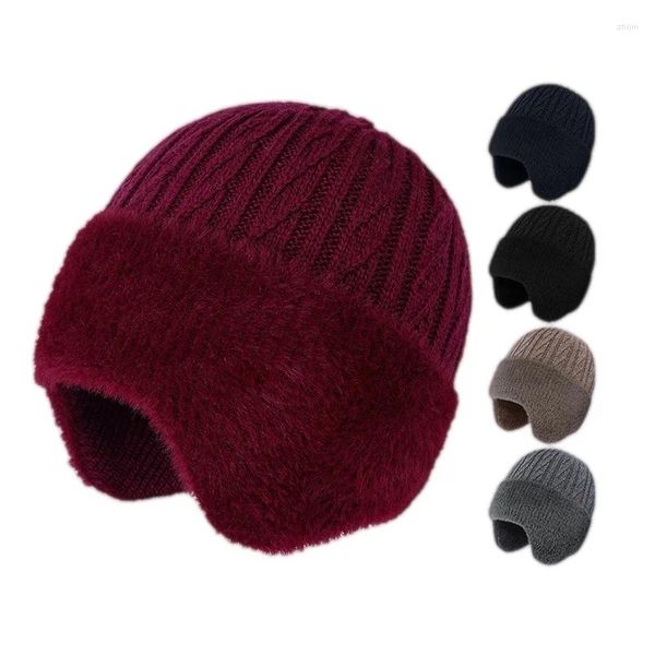 Berets inverno mulheres de meia-idade chapéu com earflaps quente malha gorro bonnet proteção de orelha velo casual à prova de frio boné de presente para idosos