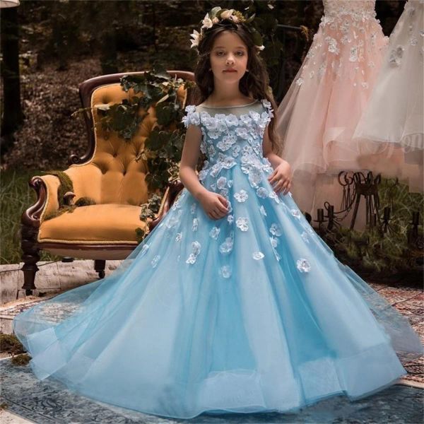 Vintage longo azul flor menina vestidos jóia pescoço tule sem mangas com flores 3d vestido de baile até o chão feito sob encomenda para festa de casamento