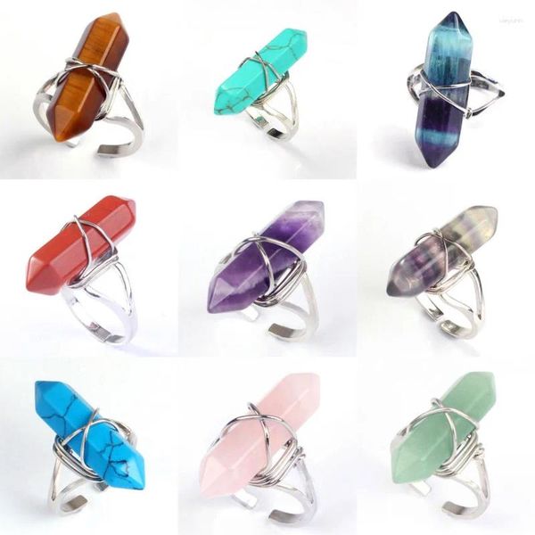 Cluster Ringe Wire Wrap Stein Ring für Frauen Männer Sechseck Säule Resizable Amethysten Quarz Kristall Finger Party Hochzeit Schmuck