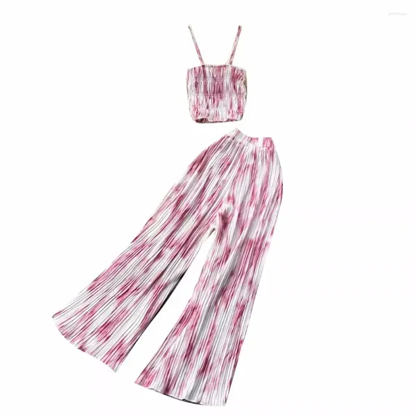 Calças femininas de duas peças 2024 verão mulheres vintage tie dye conjuntos sexy camisola e cintura alta plissada perna larga conjunto longo