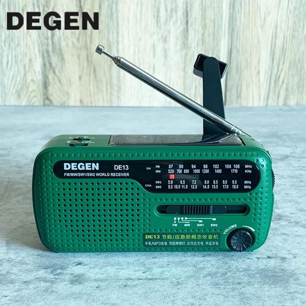 Radio Hotsale Degen Marca Fm Radio De13 Fm Mw Sw Dinamo a manovella Radio di emergenza solare Ricevitore mondiale Qualità Vs Tecsun Pl310 Panda 6200