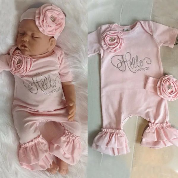 Комбинезон с цветочным принтом для новорожденных, комбинезон с повязкой на голову, комплект одежды для девочек 240116
