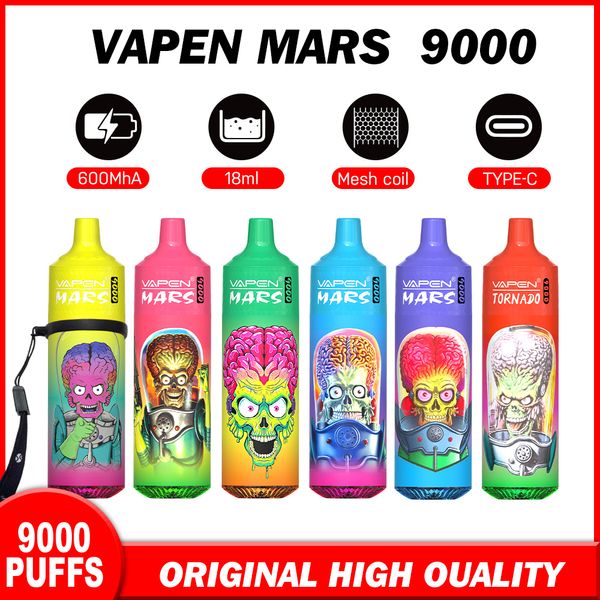 100% оригинальный оптом Vapen Mars Torndao 9000 Puffs Перезаряжаемые одноразовые вейп-стручки с сетчатой ​​катушкой Multi Flavors 9000 9K Puffs 0% 2% 5% RGB Light Big Vapor E-сигарета