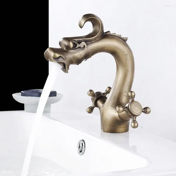 Смесители для раковины в ванной IMPEU, античная латунь, высокий дракон в форме столешницы, сосуд с двумя ручками, смеситель для раковины, смеситель для раковины