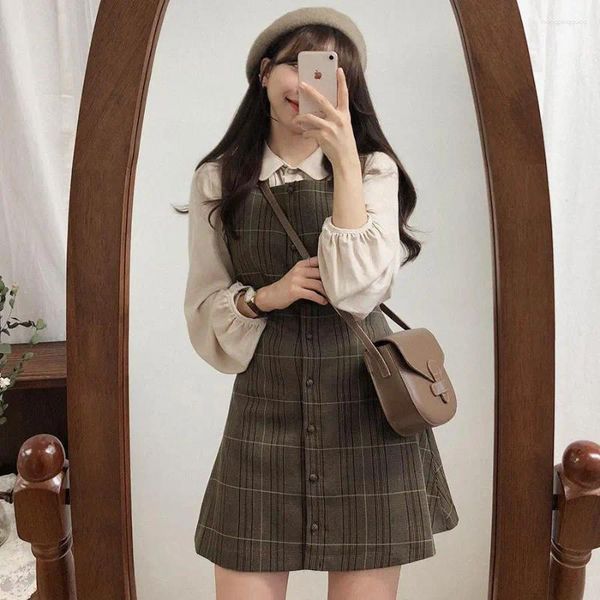 Повседневные платья Корейский шикарный сладкий кавайный блузка с длинным рукавом в клетку Милый мини-дизайн в японском стиле Винтаж Ретро